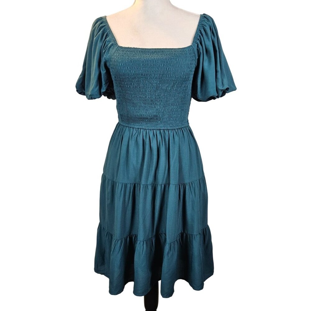 Womens Smocked Tiered Puff Sleeve Midi Flowy Dress Teal Size Small Casual